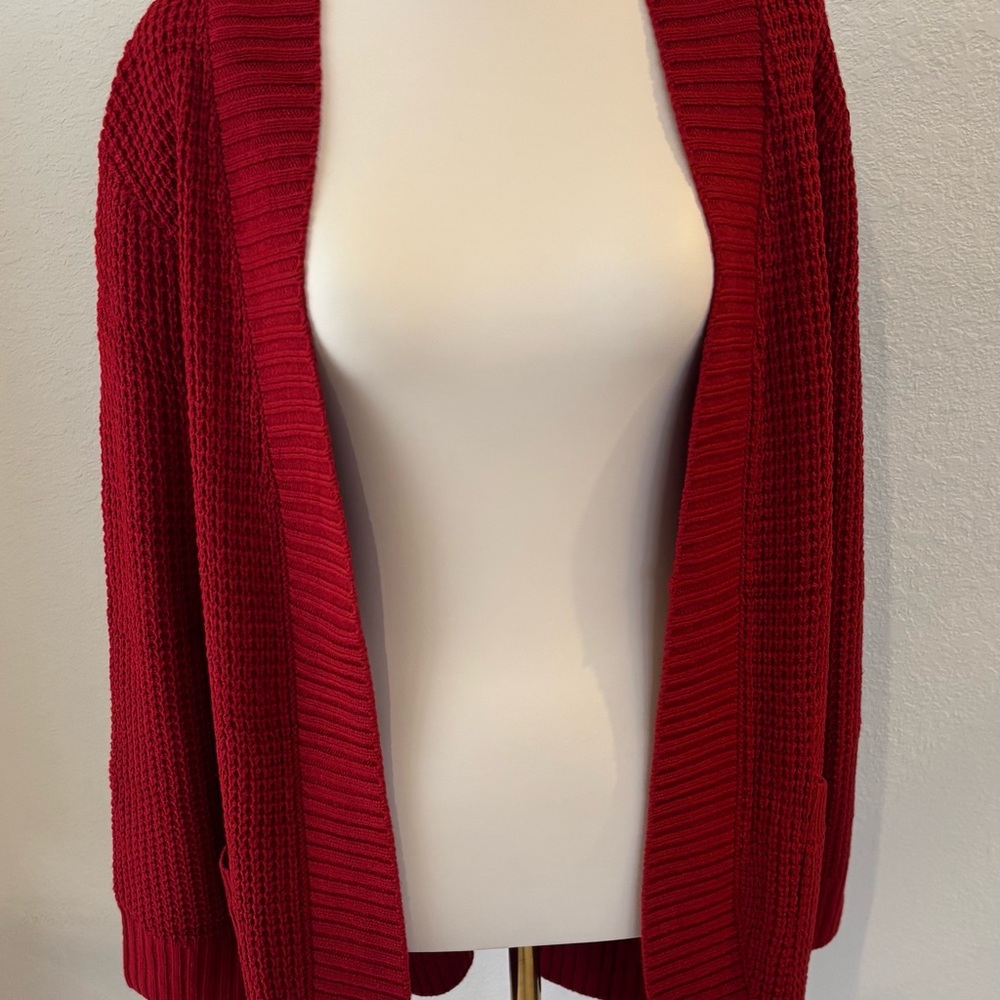 Saodimallsu Women’s Loose OpenFront Red Knit LongSleeve Cardigan with Pockets